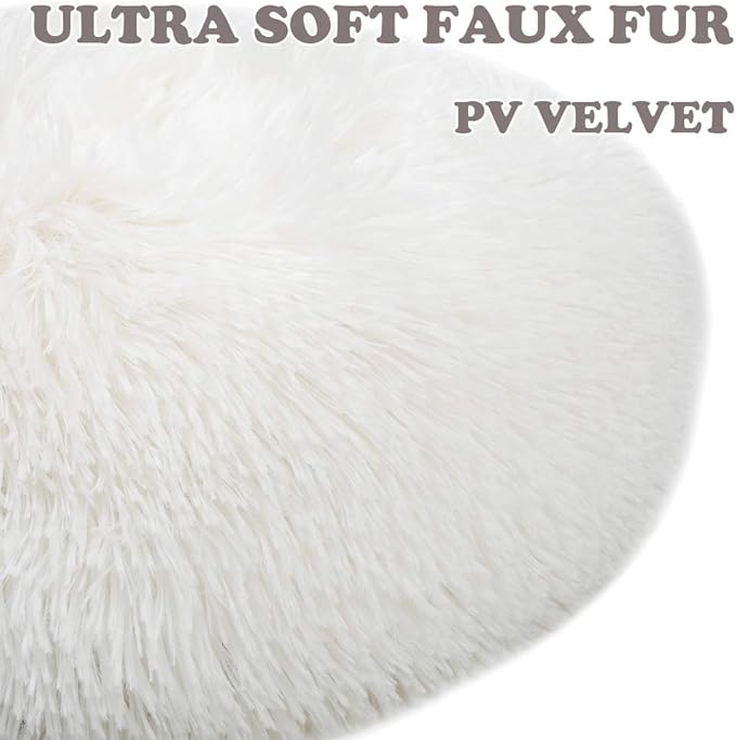 otoez Kitten Puppy Bed Small Round Dog Cat Beds Anti Anxiety Plush Pet Calming Donut Bed with Non-Slip Waterproof Bottom, Washable (19.7", White)