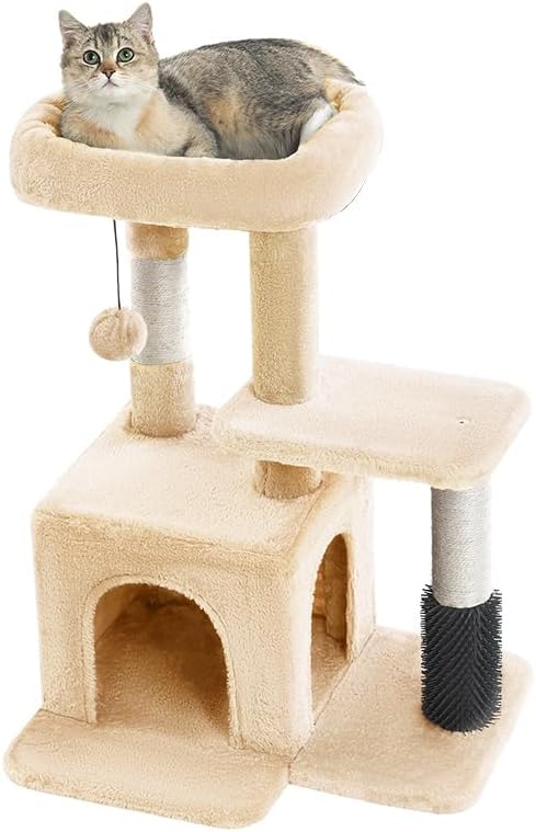 Pesofer Cat Tree, Small Cat Condo with Sisal Scratching Post and Massage Post Beige