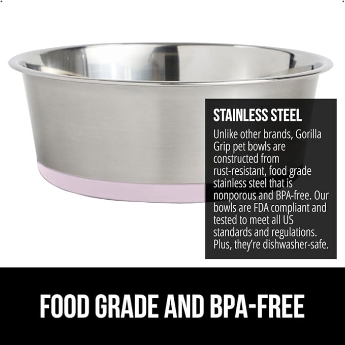 GORILLA GRIP Set of 2 Dog Bowls, Heavy Duty Metal Food and Water Bowl for Feeding Dogs and Cats, Dishwasher Safe, Rust Resistant Stainless Steel, BPA Free Rubber Base, Holds 3 Cups (24 fl oz), Lt Pink