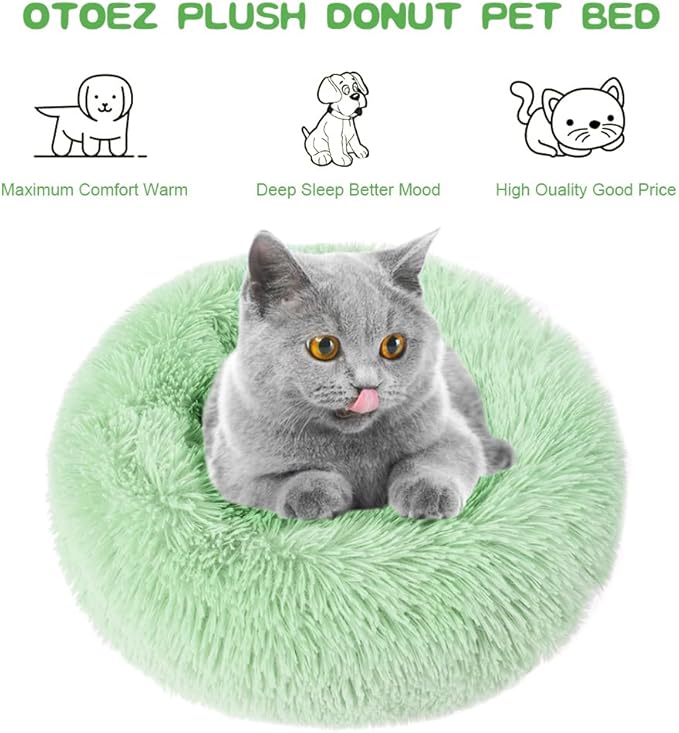 otoez Round Donut Dog Bed for Small Dogs, Washable Calming Dog Bed Cuddler Anti Anxiety Fluffy Dog Cat Bed with Non-Slip Waterproof Bottom (23.6", Green)