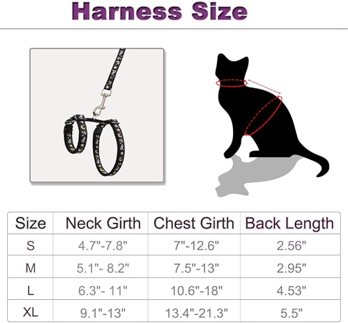 Cat Harness and Leash Set for Outdoor Walking Escape Proof Adjustable Soft Safety Strap with Golden Star and Moon Design Glow in The Dark Black XL