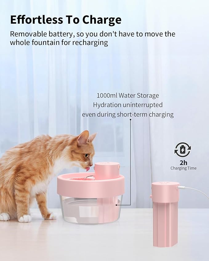Cat Water Fountain: 34oz/1 L Water Fountains for Cats Indoor with Motion Sensor- Battery Operated Wireless Cat Water Fountain Cordless - Place Anywhere -Pewkim