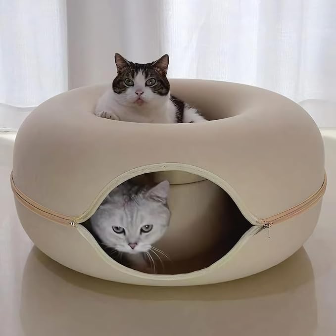 Donut Cat Tunnel Bed Peekaboo Cat Cave for Large Cats Up to 30 Lbs, Kitty Interactive Playing Tent House for Multiple Cats,Detachable,Scratch Resistant (Beige, Large - 24 Inch Diameter)