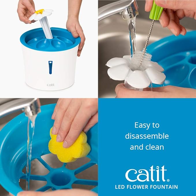 Catit LED Flower Fountain with Triple Action Filter, Cat Drinking Water Fountain, Blue, 3 L