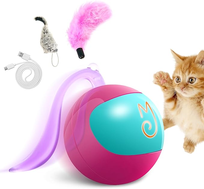 Migipaws Interactive Cat Ball Toy Set, Fun Tracker, Automatic Rolling Chase Ball with Fluffy Tail, A Small Mice, Rechargeable(Rose)