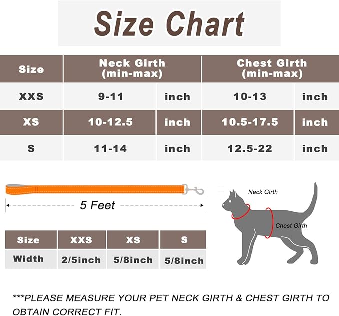 Cat Harness and Leash Set for Walking Escape Proof for Small Large cat Kitten Harness with ID tag Pocket (Orange,S)