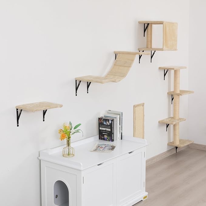 COZIWOW Cat Wall Shelves, Wall-Mounted Cat Climber Set of 5, Floating Cat Perches, Hanging Cat Beds, Modern Cat Furniture for Large Cats or Kitty (Beige)