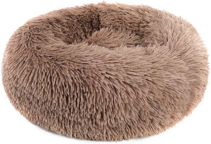 otoez Round Donut Dog Bed for Small Dogs, Washable Calming Dog Bed Cuddler Anti Anxiety Fluffy Dog Cat Bed with Non-Slip Waterproof Bottom (23.6", Khaki)