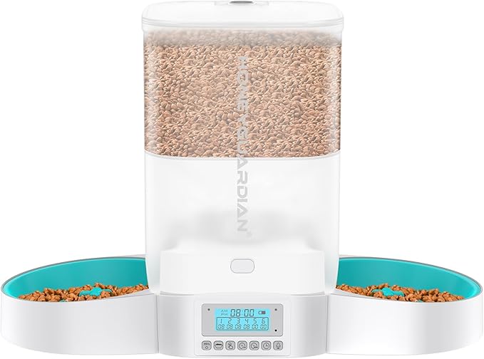 HoneyGuaridan Automatic Cat Feeder for Two Cats,3.5L Cat Food Dispenser with Slow Bowl,Timed Feeder Programmable 1-6 Meals Control, Dual Power Supply,Desiccant Bag,10s Meal Call White