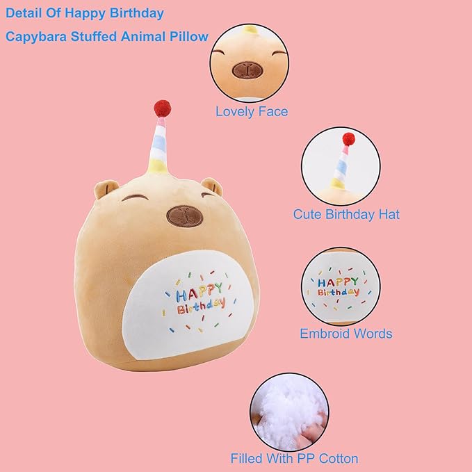 12 Inch Plush Brown Capybara Stuffed Animal Happy Birthday Capybara Hugging Pillow Birthday Capybara Plushies Throw Pillow Birthday Capybara Anime Gift for Kids and Lovers