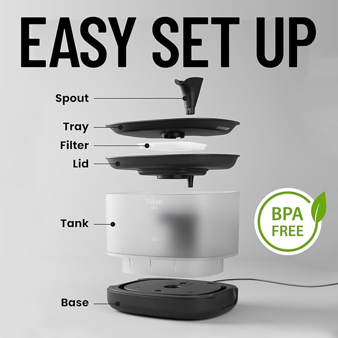 Veken Cat Water Fountain with Detachable Tank, Easy to Clean & Assemble, 84oz/2.5L Automatic Pet Drinking Dispenser with Quiet Operation, Appealing to Cats, Small Pets and Dog, Black