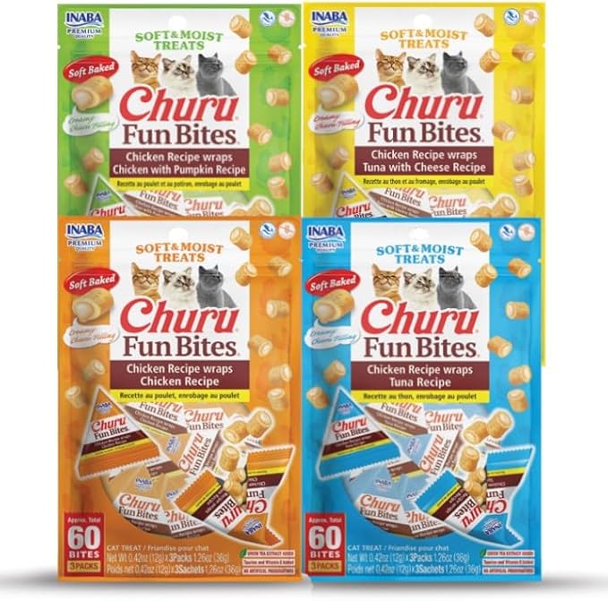 INABA Churu Fun Bites for Cats, Soft & Chewy Baked Chicken Wrapped Filled Cat Treats with Taurine, 0.42 Ounces Each Tetra, 12 Tetras, 4 Flavor Variety Pack
