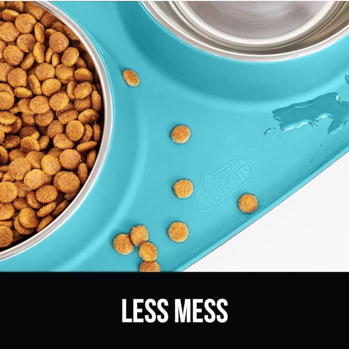 GORILLA GRIP 100% Waterproof BPA Free Cat and Dog Bowls Silicone Feeding Mat Set, Stainless Steel Bowl Slip Resistant Raised Edges, Catch Water, Food Mess, No Spills, Pet Accessories, 3 Cup, Turquoise
