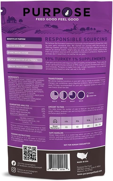PURPOSE Freeze Dried Raw Cat Food, Grain Free Dry Cat Food, Complete Balanced Meal or Topper, Protein Rich Cat Food for All Breeds and Life Stages, Pure Turkey Recipe Mini Nibs Entrée, 9 oz, USA Made