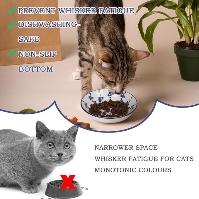HAPPY KIT 2pcs Ceramic Cat Food Bowls Set,8.5oz Colorful Cats Dish/Dishes lndoor for Relief Whisker Friendly,5.7inch Wide Shallow Plate with Non-Slip Mat, 2 Petals