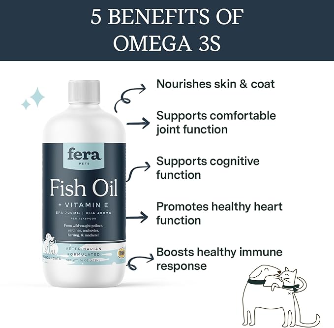Fera Pet Organics Fish Oil with Wild Caught Fishes for Dogs and Cats' Skin Immune System and Brain Function, Vet Created, Omega 3 Fish Oil with Vitamin E for Pets, 16oz, 96 Servings