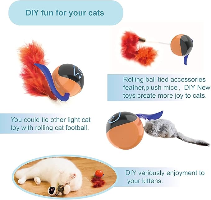 Migipaws Interactive Cat Ball Toy Set, Fun Tracker, Automatic Rolling Chase Ball with Fluffy Tail, A Small Mice, Rechargeable(Orange)