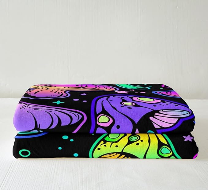 Neon Mushroom Travel Blanket Cute Kawaii Mushroom Fleece Blanket Psychedelic Galaxy Space Blanket Twin Size Rainbow Fungus Throw Blanket for Bed for Kids Boys Girls Room Magic Mushroom Decor