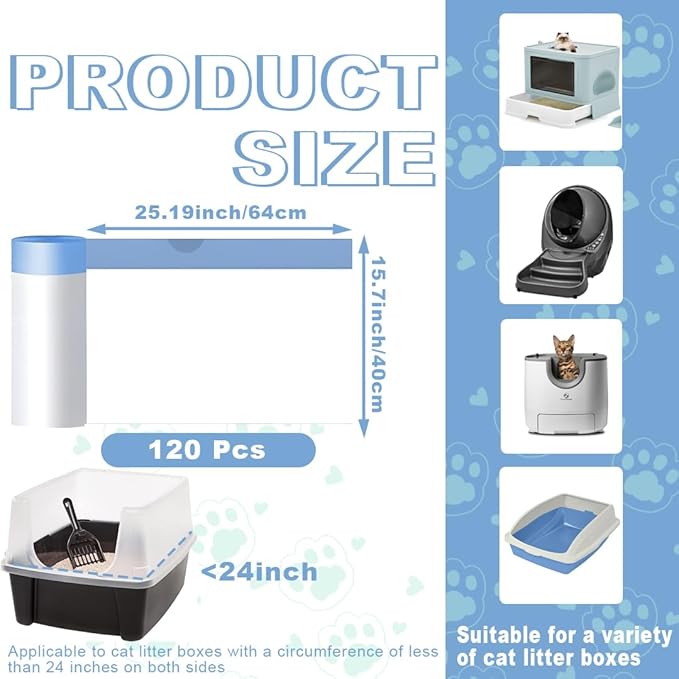 120 Pack Cat Litter Bags with Drawstring, Self Cleaning Litter Robot Waste Bags Compatible with Litter Robot 3 & 4, 10-12 Gallons