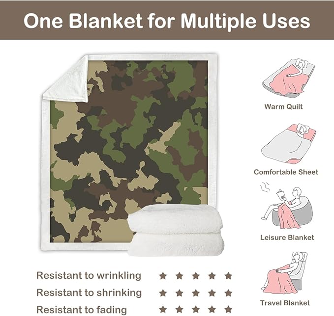 Sleepwish Military Khaki Camo Fleece Throw Blanket for Kids Boys Soft Army Camouflage Sherpa Blanket for Couch Chair Bed, Queen (90" X 90")
