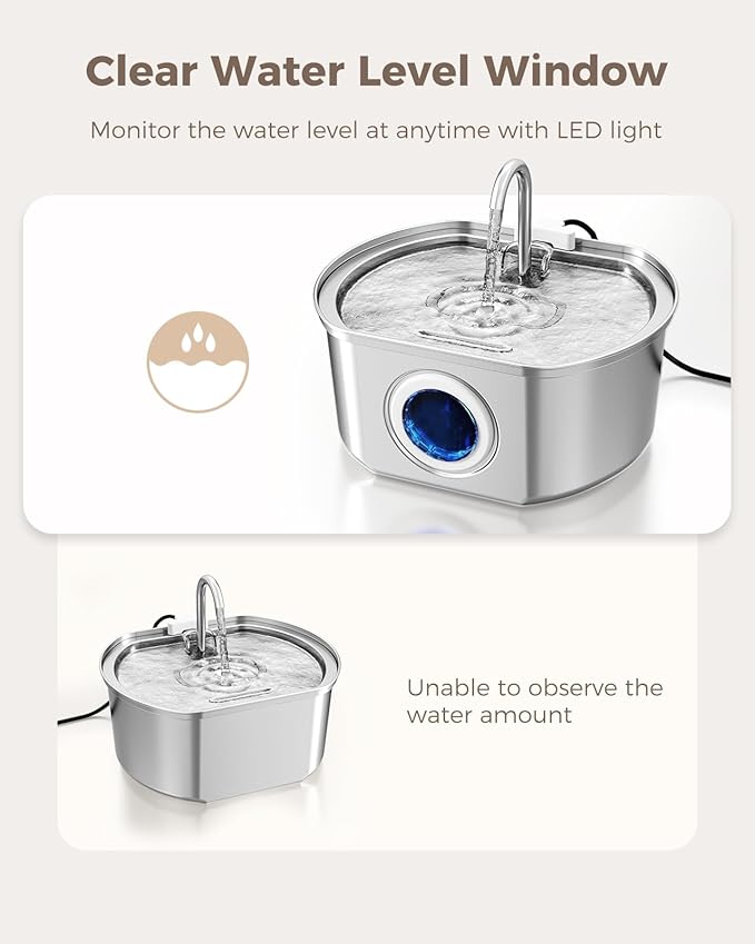 Cat Water Fountain Stainless Steel: 108oz/3.2L Cat Fountain for Drinking- Pet Water Fountain for Cats Inside - Automatic Cat Water Dispenser Bowl - Cat Feeding & Watering Supplies - Water Level Window