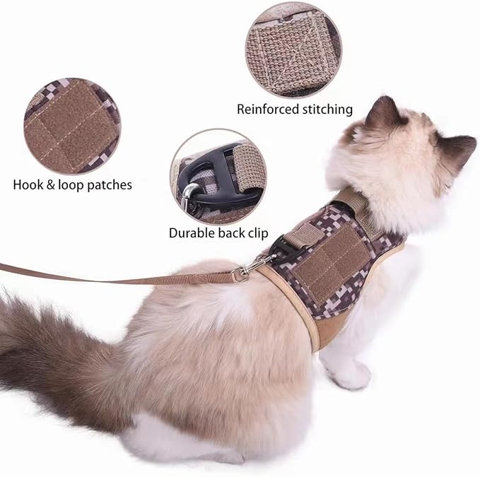 Tactical Kitty Harness and Leash for Walking Escape Proof, Desert Camo, X-Small, Adjustable Cat Walking Jackets, Padded Stylish Cat Vest for Winter