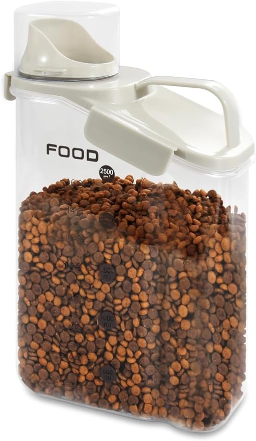 Dog Food Storage Container 3-4lbs, Pet Food Container with Airtight Pour Spout, Cat Food Storage Container with Measuring Cups, Portable Pet Food Container for Dogs, Cats, Birds(White)