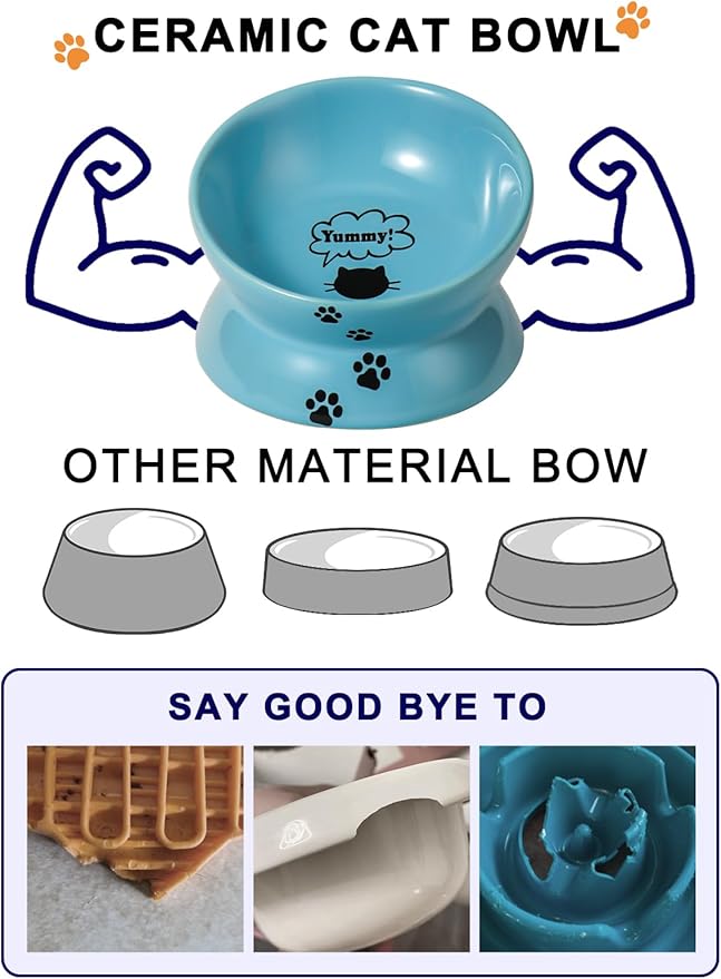 Y YHY Elevated Cat Food Bowl, Ceramic Raised Cat Bowl, Tilt Angle Protect Cat's Spine, Anti Vomiting Cat Dish, Backflow Prevention, Lake Blue