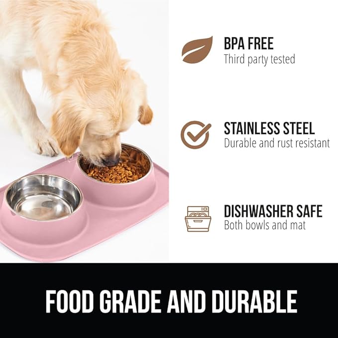 GORILLA GRIP 100% Waterproof BPA Free Cat and Dog Bowls Silicone Feeding Mat Set, Stainless Steel Bowl Slip Resistant Raised Edges, Catch Water, Food Mess, No Spills, Pet Accessories, 2 Cup, Pink