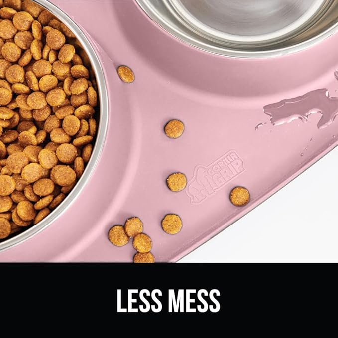 GORILLA GRIP 100% Waterproof BPA Free Cat and Dog Bowls Silicone Feeding Mat Set, Stainless Steel Bowl Slip Resistant Raised Edges, Catch Water, Food Mess, No Spills, Pet Accessories, 2 Cup, Pink