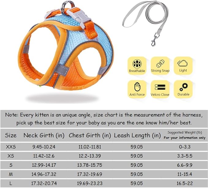 Cat Harness and Leash Set Soft Adjustable Escape Proof Cat Leash Breathable Comfortable Vest Easy to Wear Kitten/Small Dogs Harness for Outdoor Walking Orange XXS
