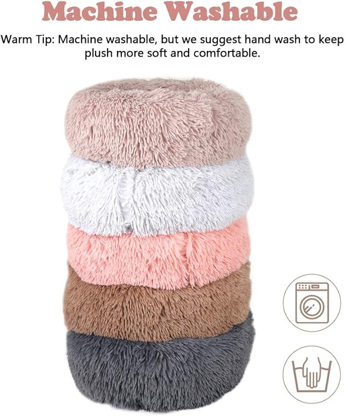 otoez Round Donut Dog Bed for Small Dogs, Washable Calming Dog Bed Cuddler Anti Anxiety Fluffy Dog Cat Bed with Non-Slip Waterproof Bottom (23.6", Pink)