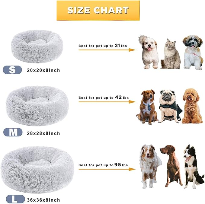 Dog Bed Calming Dog Beds for Small Medium Large Dogs - Round Donut Washable Dog Bed, Anti-Slip Faux Fur Fluffy Donut Cuddler Anxiety Cat Bed(36'' Light Grey)