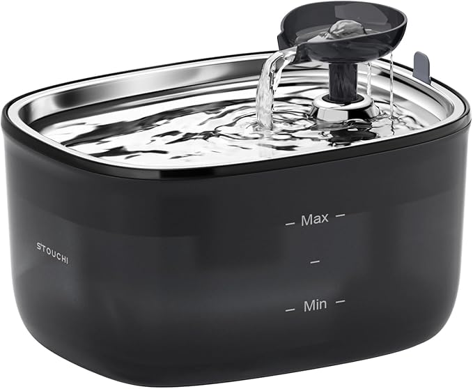Stouchi Cat Water Fountain 85oz/2.5L, Stainless Steel Pet Water Fountain for Cats Dogs Inside with Led Light, Ultra-Quiet Cat Water Dispenser Bowl, Cat Waterer Fountain for Multiple Pets, Black