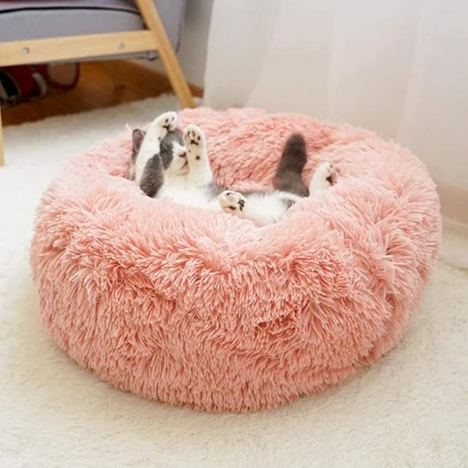 otoez Round Donut Dog Bed for Medium Dogs, Washable Calming Dog Bed Cuddler Anti Anxiety Fluffy Dog Cat Bed with Non-Slip Waterproof Bottom (27.6", Pink)