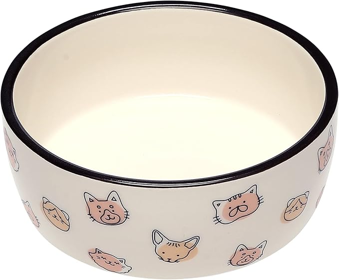 Pearhead Cat Faces Pattern Ceramic Pet Bowl, Holds 2 Cups, Medium Water and Food Dish, Microwave and Dishwasher Safe