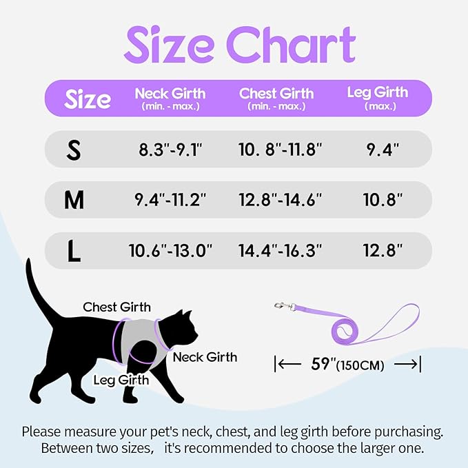 Dooradar Cat Harness and Leash Set, Escape Proof Lightweight Kitten Harness, Soft Breathable Reflective Vest for Outdoor Walking Traveling, Adjustable for Large Cats, Grey & Purple, L