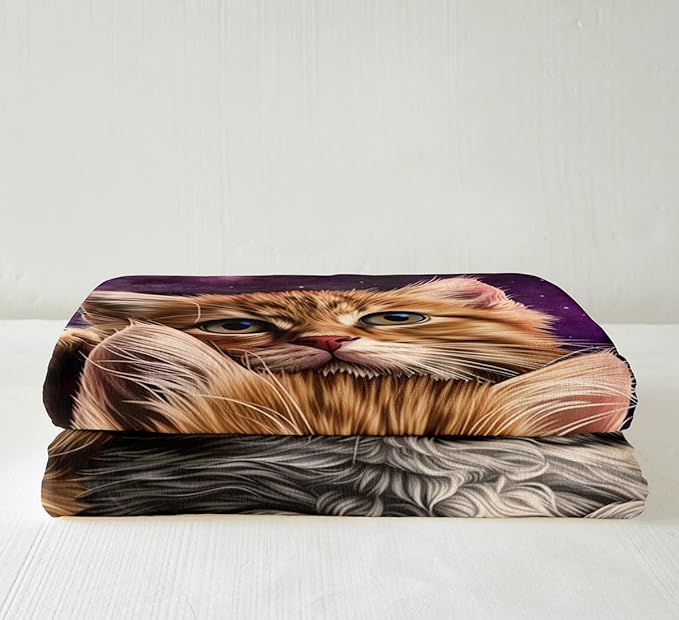 Erosebridal Cat Blanket, Cute Pet Cats Pattern Sherpa, Outer Space Kawaii Kitten, Cartoon 3D Animal Theme, Purple Galaxy Bed Sofa Couch Decor, 40"x50"