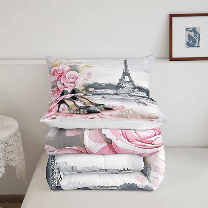 High-Heeled Shoes Princess Kids Comforter Set Full Size,Roses Flowers Paris Eiffel Tower Bedding Set,Women Girls Room Decor,Glitter Diamond Romantic Down Comforter,Pink Duvet Insert,2 Pillowcases