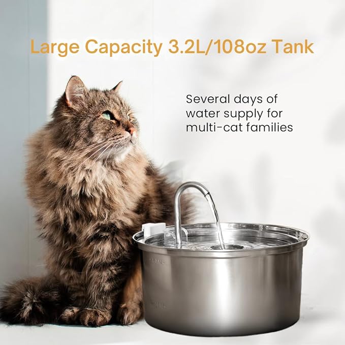 The KittySpout Stainless Steel Cat Water Fountain, 3.2L/108oz