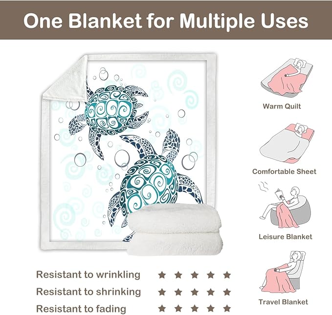 Sleepwish Sea Turtle Fleece Throw Blanket for Kids Soft Plush Aqua Blue Tortoise Sherpa Blanket for Couch Sofa Gift for Turtle Lovers, Baby (30" x 40")