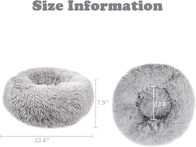 otoez Round Donut Dog Bed for Small Dogs, Washable Calming Dog Bed Cuddler Anti Anxiety Fluffy Dog Cat Bed with Non-Slip Waterproof Bottom (23.6", Light Grey)