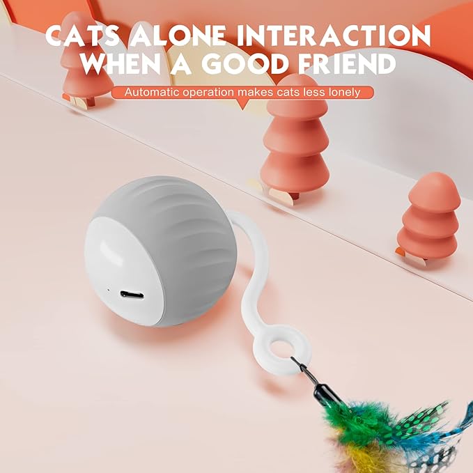 AMUSANG Smart Turbo Tail Cat Toy for Indoor Cats, Interactive Cat Toy Ball Speed Tail Cat Toys, with LED Lights and Feathers DIY 5 in 1 Automatic Cat Ball Toys Type-C Rechargeable (Grey)