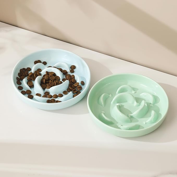Ceramic Cat Slow Feeder Bowl - Pastel Series Slow Feeding Cat Bowl - Cute Maze Cat Food Plate for Healthy Eating - Fun Cat Puzzle Feeder Dish - Dishwasher Safe - 6.3''W x 1.2''H - 7 OZ - Pale Blue