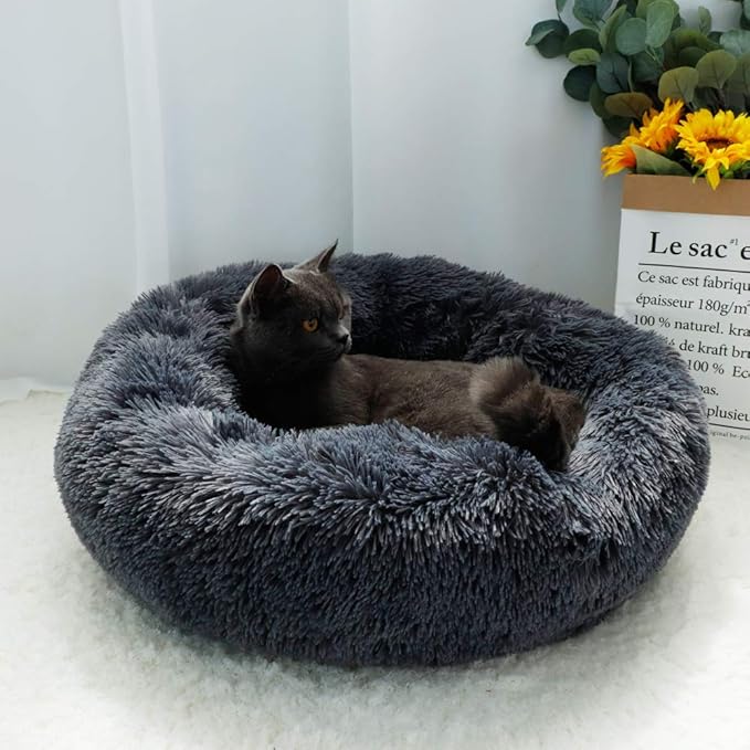 otoez Kitten Puppy Bed Extra Small XS Round Dog Cat Beds Anti Anxiety Plush Pet Calming Donut Bed with Non-Slip Waterproof Bottom, Washable (15.7", Dark Grey)