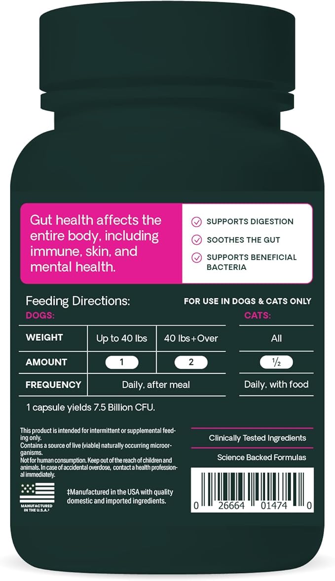 VetriScience Extra Strength Gut Health Capsules, Probiotic & Prebiotic Digestive Supplement for Dogs & Cats, Digestion Support, Gas & Diarrhea, Immune Support, 7.5 Billion CFU Per Capsule, 120 Count