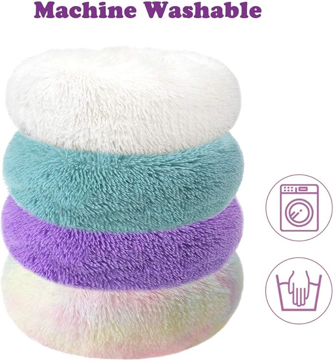 otoez Round Donut Dog Bed for Small Dogs, Washable Calming Dog Bed Cuddler Anti Anxiety Fluffy Dog Cat Bed with Non-Slip Waterproof Bottom (23.6", Purple)