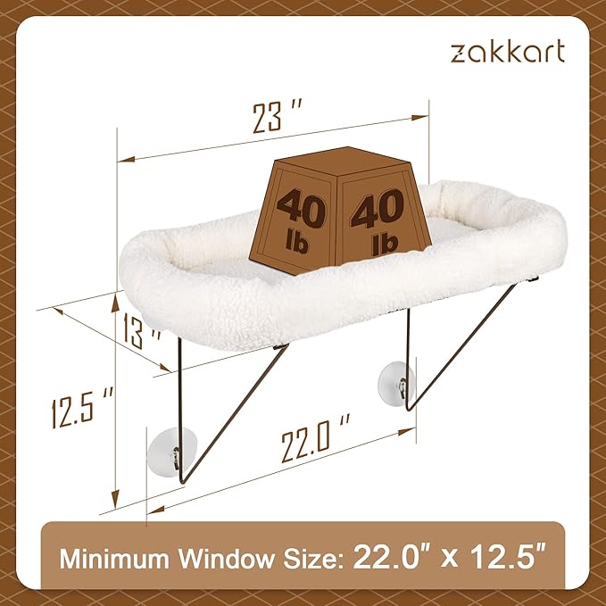 Cat Window Perch - 100% Metal Supported from Below - Comes with Warm Spacious Pet Bed - Cat Window Hammock for Large Cats & Kittens - for Sunbathing, Napping & Overlooking (White)