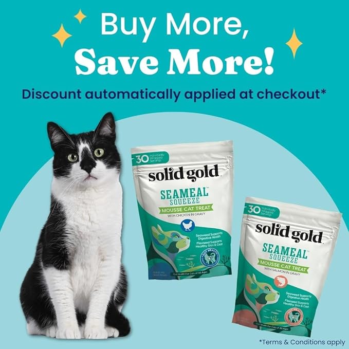 Solid Gold Lickable Cat Treats - Salmon SeaMeal Squeeze Squeezable Cat Treats for Indoor Cats 30 Pack - Made with Fiber-Rich Seaweed for Digestive Health for Immune Support - 3 oz / 30 Count