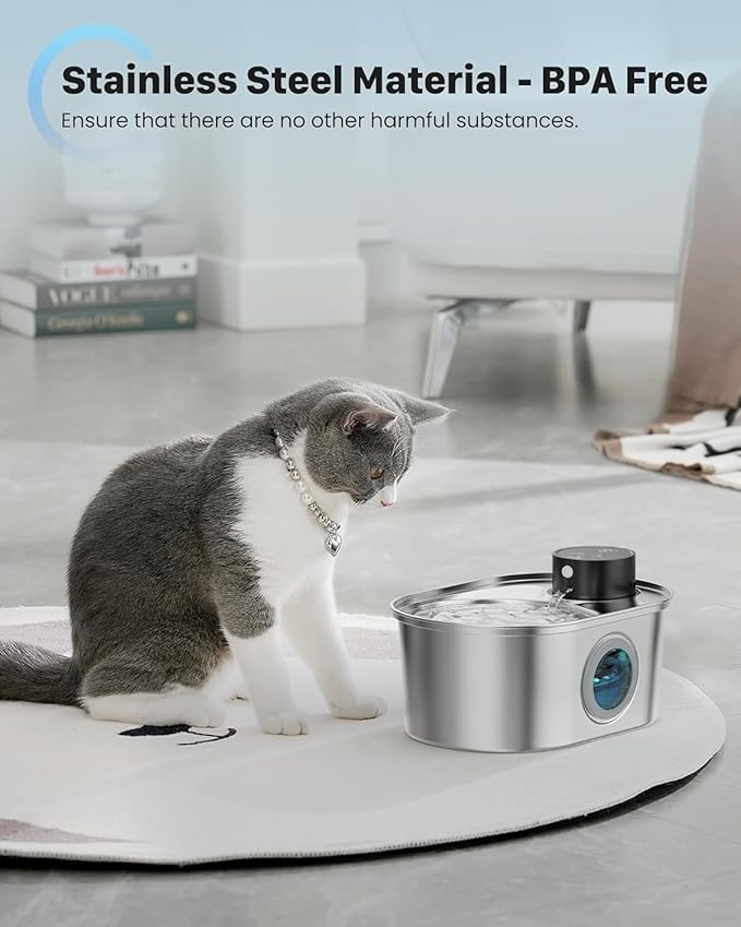 Wireless Cat Water Fountain: Battery Operated Stainless Steel Pet Fountain, Automatic Cordless Water Dispenser Indoor, Metal Faucet Bottle for Drinking, Rechargeable Dog Water Bowl with 1 Filter